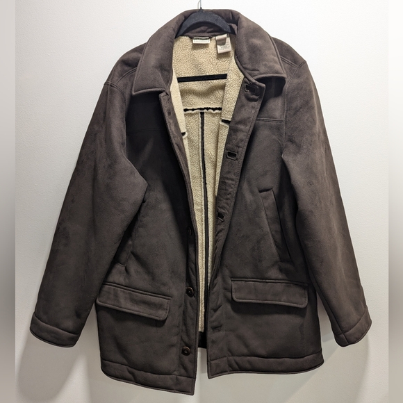 LL Bean Men Brown Sherpa Lined Faux Suede Barn Jacket Coat Large Grandpa Chore - Picture 3 of 12